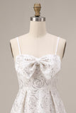 White Sequins A-Line Ruched Spaghetti Straps Short Cocktail Dress with Bow