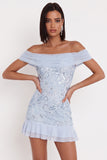 Sky Blue Off the Shoulder Sequins Ruffle Tulle Sheath Cocktail Dress