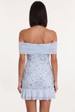 Sky Blue Off the Shoulder Sequins Ruffle Tulle Sheath Cocktail Dress