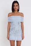 Sky Blue Off the Shoulder Sequins Ruffle Tulle Sheath Cocktail Dress