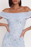 Sky Blue Off the Shoulder Sequins Ruffle Tulle Sheath Cocktail Dress