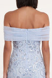Sky Blue Off the Shoulder Sequins Ruffle Tulle Sheath Cocktail Dress