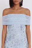 Sky Blue Off the Shoulder Sequins Ruffle Tulle Sheath Cocktail Dress