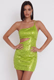 Yellow Green One Shoulder Cut Out Bodycon Sequins Short Cocktail Dress