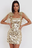 Sparkly Champagne Sequins Bodycon Short Homecoming Dress with Bow Straps