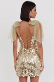 Sparkly Champagne Sequins Bodycon Short Homecoming Dress with Bow Straps