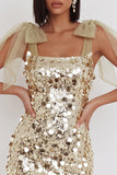 Sparkly Champagne Sequins Bodycon Short Homecoming Dress with Bow Straps