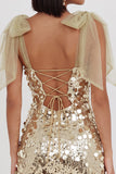 Sparkly Champagne Sequins Bodycon Short Homecoming Dress with Bow Straps