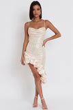 Ivory Cowl Neck Asymmetrical Ruffled High-Low Hem Sequins Sheath Midi Cocktail Dress