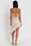 Ivory Cowl Neck Asymmetrical Ruffled High-Low Hem Sequins Sheath Midi Cocktail Dress