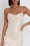 Ivory Cowl Neck Asymmetrical Ruffled High-Low Hem Sequins Sheath Midi Cocktail Dress