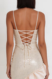 Ivory Cowl Neck Asymmetrical Ruffled High-Low Hem Sequins Sheath Midi Cocktail Dress