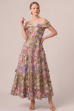 Pink Off the Shoulder A-Line Appliques Midi Floral Dress