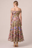 Pink Off the Shoulder A-Line Appliques Midi Floral Dress