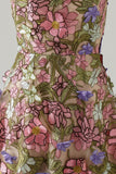 Pink Off the Shoulder A-Line Appliques Midi Floral Dress