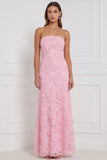 Strapless Pink Sheath Floral Appliqued Sequins Long Bridesmaid Dress