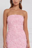 Strapless Pink Sheath Floral Appliqued Sequins Long Bridesmaid Dress