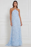 Light Blue A-Line Halter Floral Beaded Long Bridesmaid Dress