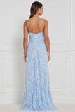 Light Blue A-Line Halter Floral Beaded Long Bridesmaid Dress
