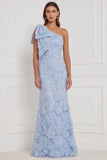 Light Blue Mermaid One Shoulder Floral Long Bridesmaid Dress