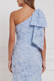 Light Blue Mermaid One Shoulder Floral Long Bridesmaid Dress