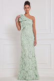 Light Blue Mermaid One Shoulder Floral Long Bridesmaid Dress