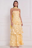 Floral Light Blue Strapless A-Line Appliqued Tiered 3D Flower Long Bridesmaid Dress