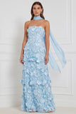 Floral Light Blue Strapless A-Line Appliqued Tiered 3D Flower Long Bridesmaid Dress