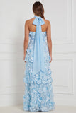 Floral Light Blue Strapless A-Line Appliqued Tiered 3D Flower Long Bridesmaid Dress