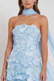 Floral Light Blue Strapless A-Line Appliqued Tiered 3D Flower Long Bridesmaid Dress