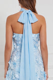 Floral Light Blue Strapless A-Line Appliqued Tiered 3D Flower Long Bridesmaid Dress