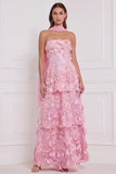 Floral Light Blue Strapless A-Line Appliqued Tiered 3D Flower Long Bridesmaid Dress