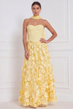 Light Blue Corset A-Line Strapless Floral Appliqued Long Bridesmaid Dress with 3D Flower