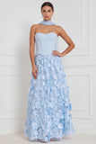 Light Blue Corset A-Line Strapless Floral Appliqued Long Bridesmaid Dress with 3D Flower