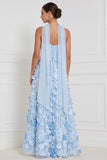 Light Blue Corset A-Line Strapless Floral Appliqued Long Bridesmaid Dress with 3D Flower