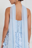 Light Blue Corset A-Line Strapless Floral Appliqued Long Bridesmaid Dress with 3D Flower