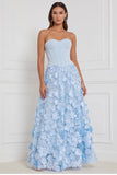 Light Blue Corset A-Line Strapless Floral Appliqued Long Bridesmaid Dress with 3D Flower