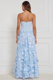 Light Blue Corset A-Line Strapless Floral Appliqued Long Bridesmaid Dress with 3D Flower