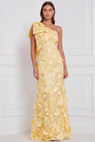 Daffodil Sheath One Shoulder Floral Appliqued Long Bridesmaid Dress with Bow