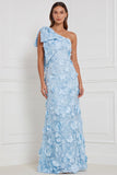 Daffodil Sheath One Shoulder Floral Appliqued Long Bridesmaid Dress with Bow