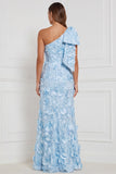 Daffodil Sheath One Shoulder Floral Appliqued Long Bridesmaid Dress with Bow