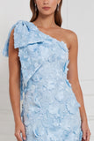Daffodil Sheath One Shoulder Floral Appliqued Long Bridesmaid Dress with Bow