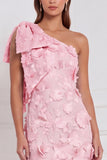 Daffodil Sheath One Shoulder Floral Appliqued Long Bridesmaid Dress with Bow