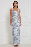 Sage Floral Sheath Square Neck Long Bridesmaid Dress