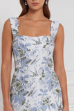 Sage Floral Sheath Square Neck Long Bridesmaid Dress
