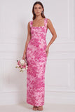 Sage Floral Sheath Square Neck Long Bridesmaid Dress