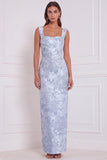 Sage Floral Sheath Square Neck Long Bridesmaid Dress