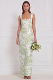 Sage Floral Sheath Square Neck Long Bridesmaid Dress