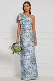 One Shoulder Dusty Blue Sheath Floral Long Bridesmaid Dress with Bow