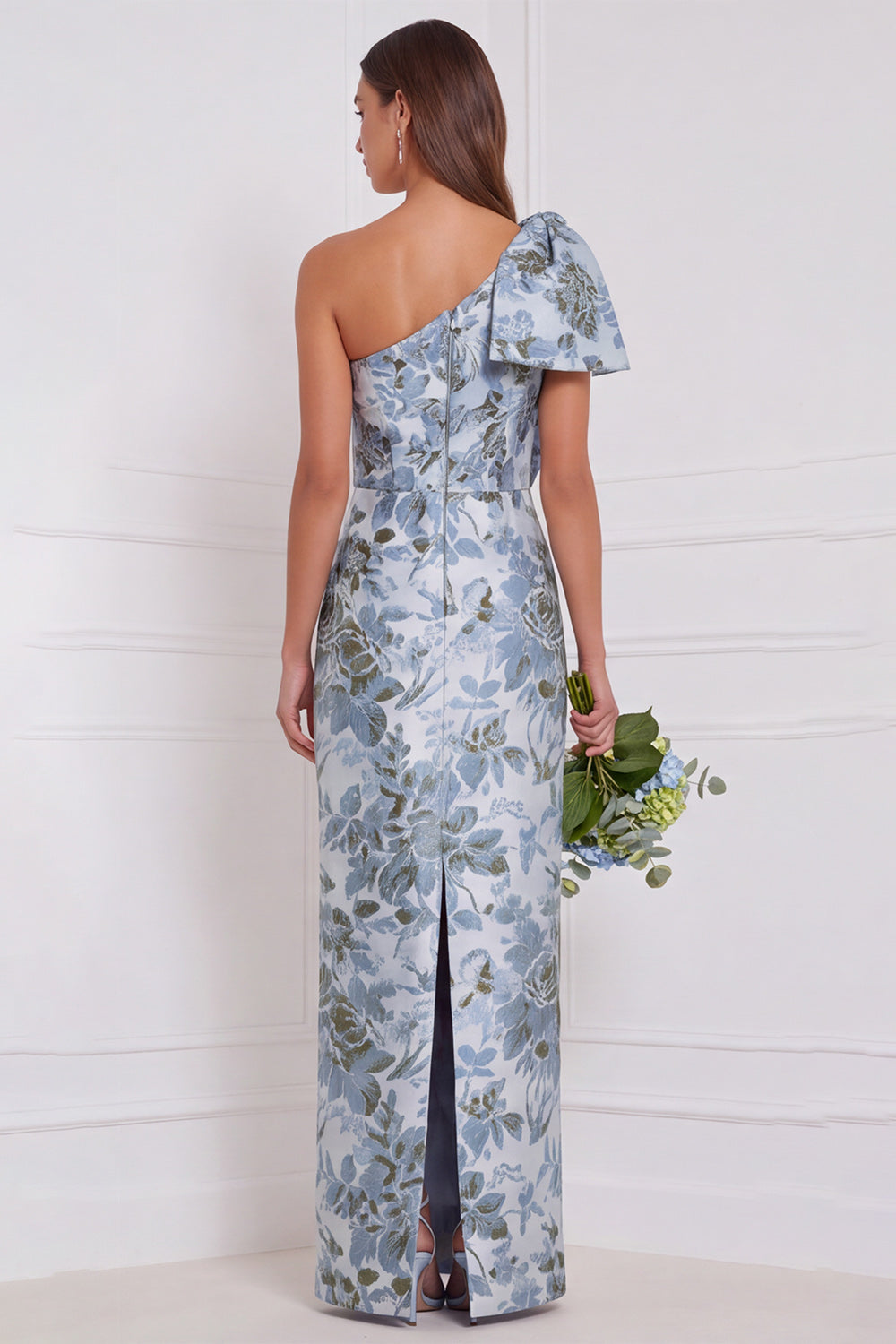 ZAPAKA Women Floral Dusty Blue Bridesmaid Dress with Bow Sheath One Shoulder Wedding Guest Dress